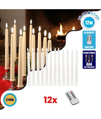 GloboStar® 79564 ΣΕΤ 12 Διακοσμητικών Realistic Κεριών Κηροπηγίου με LED Εφέ Κινούμενης Φλόγας - Μπαταρίας & Ασύρματο Χειριστήριο IR Θερμό Λευκό 2700K Dimmable